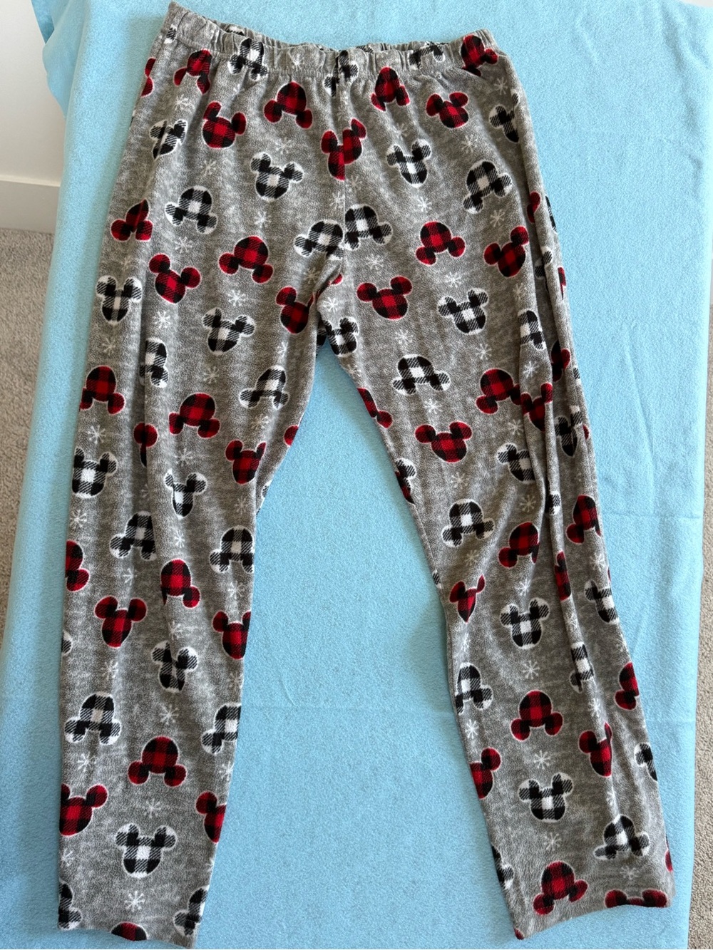 Disney Grey Fleece Pajama Pants with Red & Black Plaid Mickey Heads - Picture 1 of 2